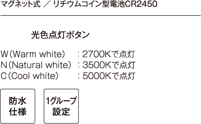 マグネット式 ／ リチウムコイン型電池 CR2450　光色点灯ボタン　W（Warm white）： 2700K　で点灯 N（Natural white）： 3500Kで点灯  C（Cool white）： 5000Kで点灯